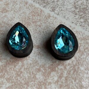 Esoteric Organics Double Flared Teardrop Wood Plugs w/ Aqua Swarovski Inlay